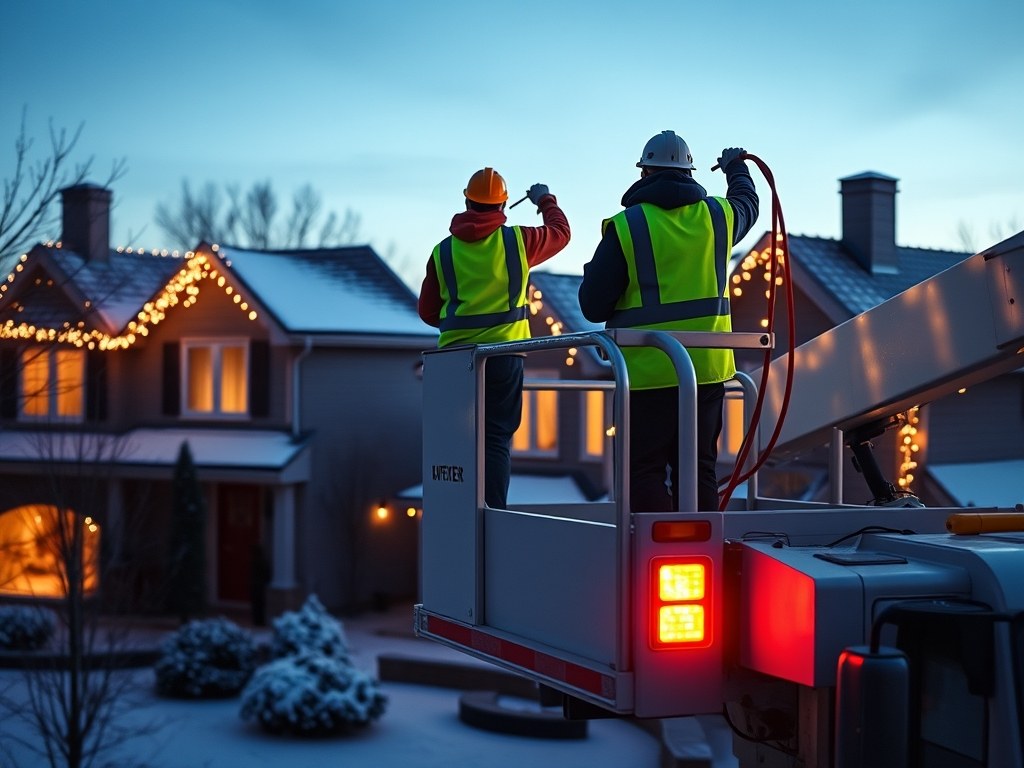 Professional crew installing warm white LED Christmas lights on a roofline at twilight