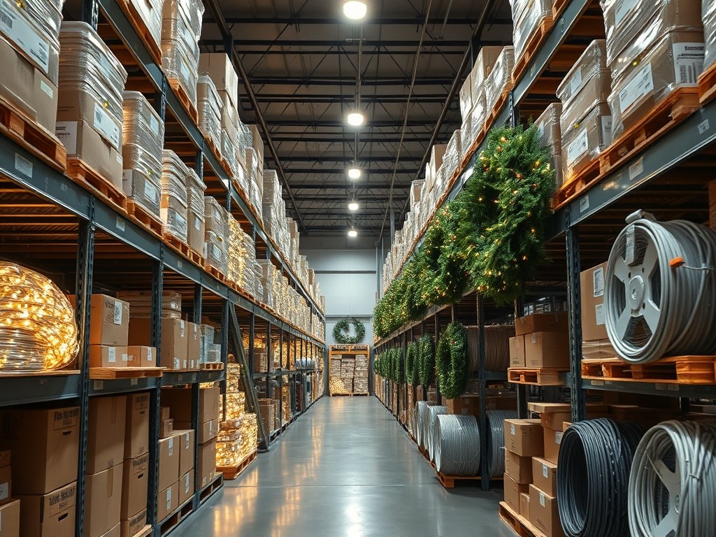 Organized warehouse of LED Christmas light strands, wreaths, and equipment ready for installation